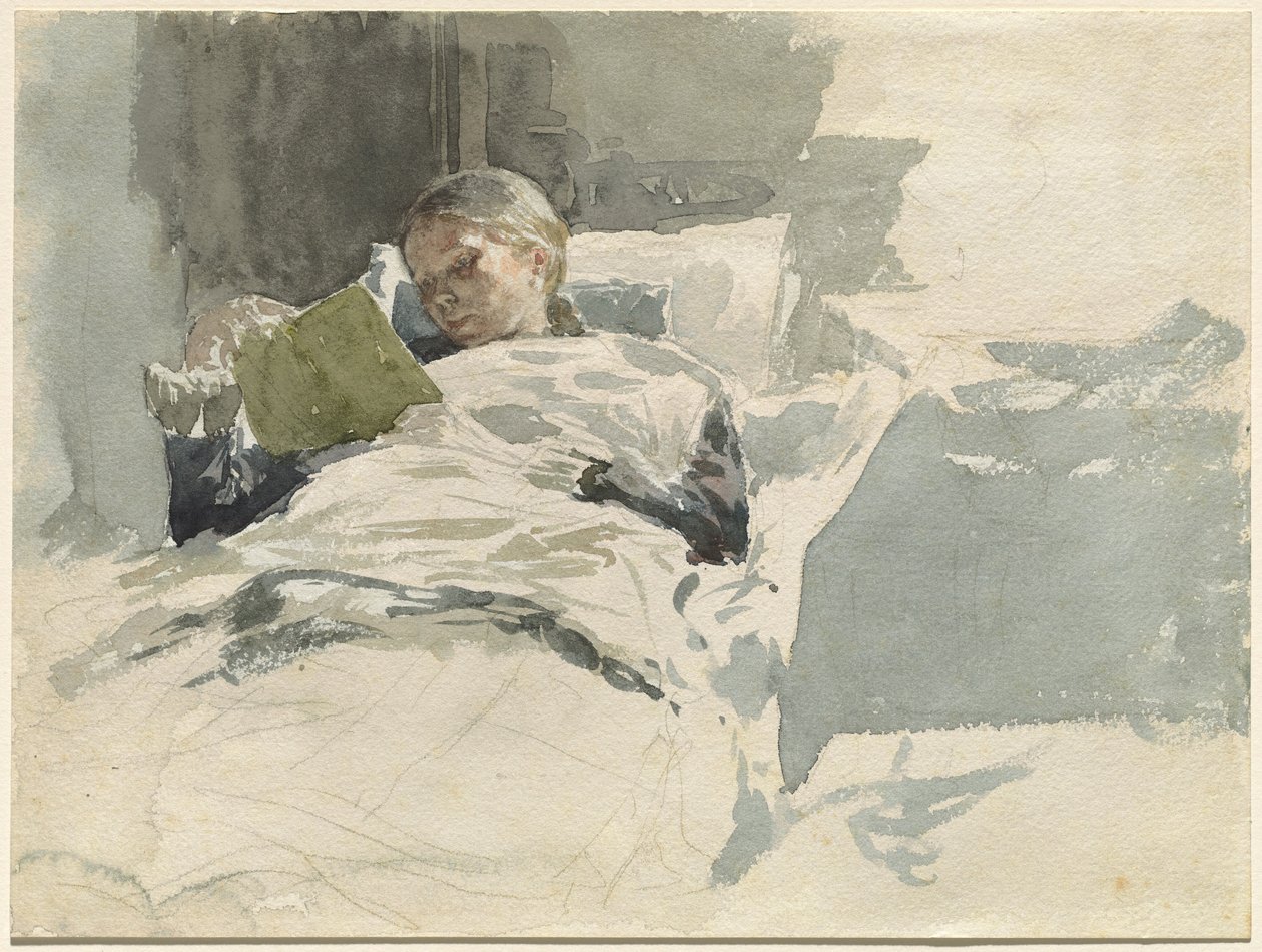 Kunstnerens kone leser på sengen av Leopold von Kalckreuth