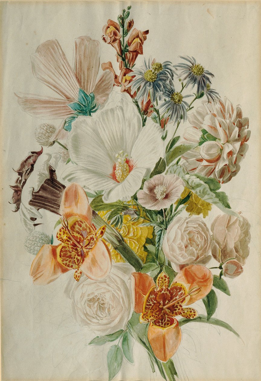 Bukett med hibiskus og liljer av Leopold von Stoll