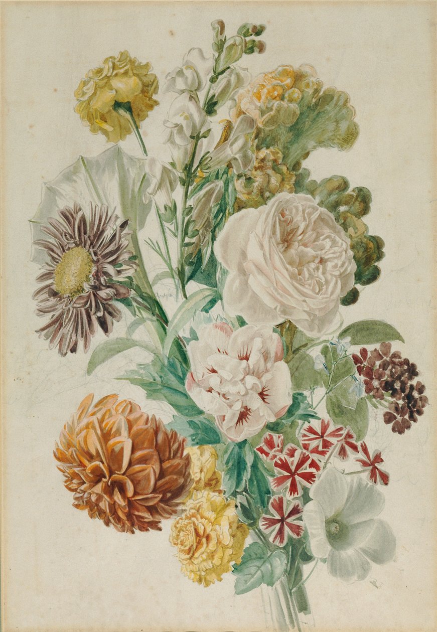 Bukett med rose og dahlia av Leopold von Stoll