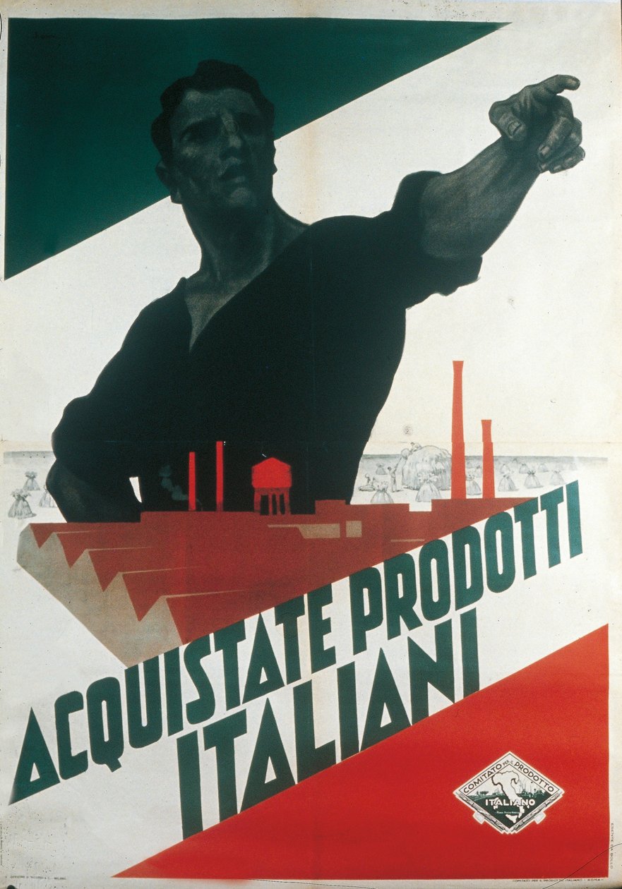 Kjøp italienske produkter, fascistisk propagandaplakat under autarki av Leopoldo Metlicovitz
