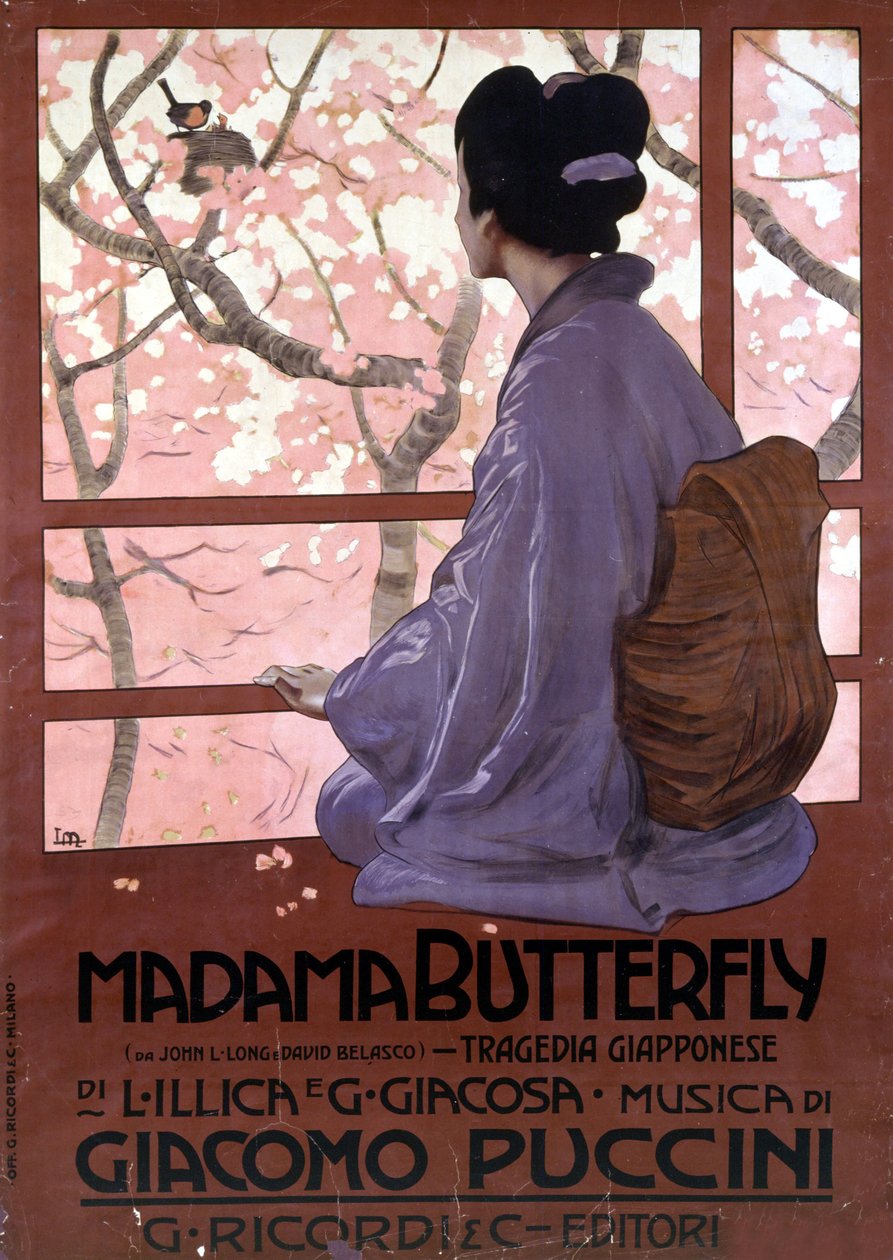 Plakat av Leopoldo Metlicovitz for ""Madame Butterfly"" av Giacomo Puccini produsert for første forestilling 17. februar 1904. av Leopoldo Metlicovitz