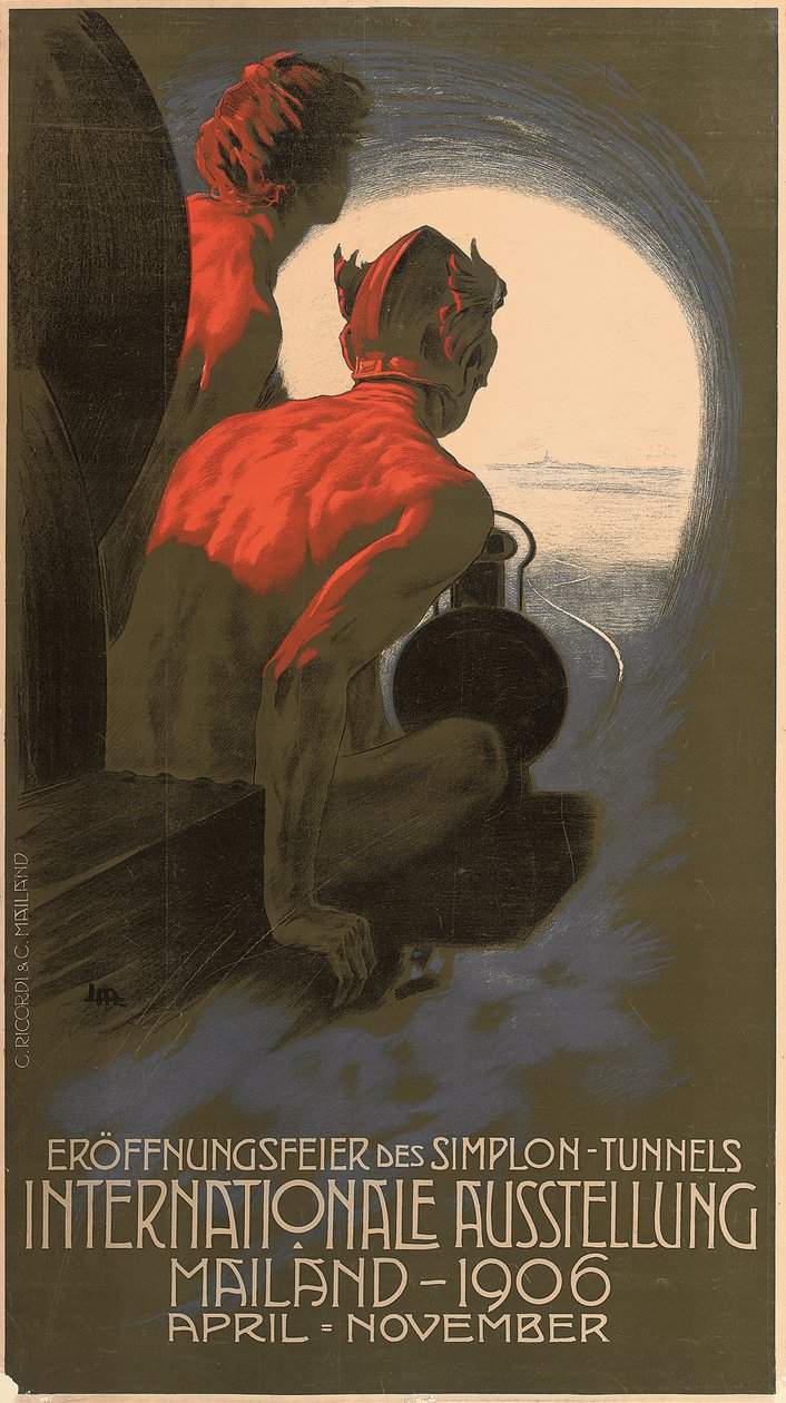 Tysk plakat som annonserer den internasjonale utstillingen i Milano i 1906 organisert for å feire åpningen av den transalpine Simplon-tunnelen av Leopoldo Metlicovitz