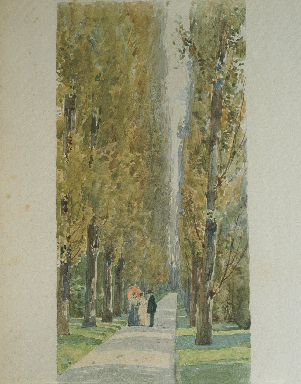 Giuseppe Verdi samtaler med venner langs den allé i villaen hans i Sant'Agata (litho-farge) av Leopoldo Metlicovitz