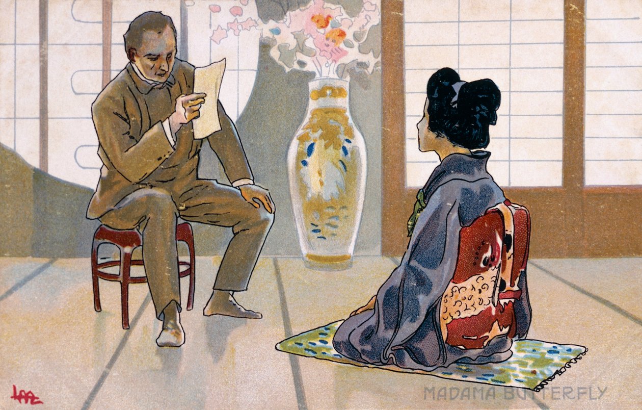 Postkort laget til premieren på "Madame Butterfly", i Brescia av Leopoldo Metlicovitz