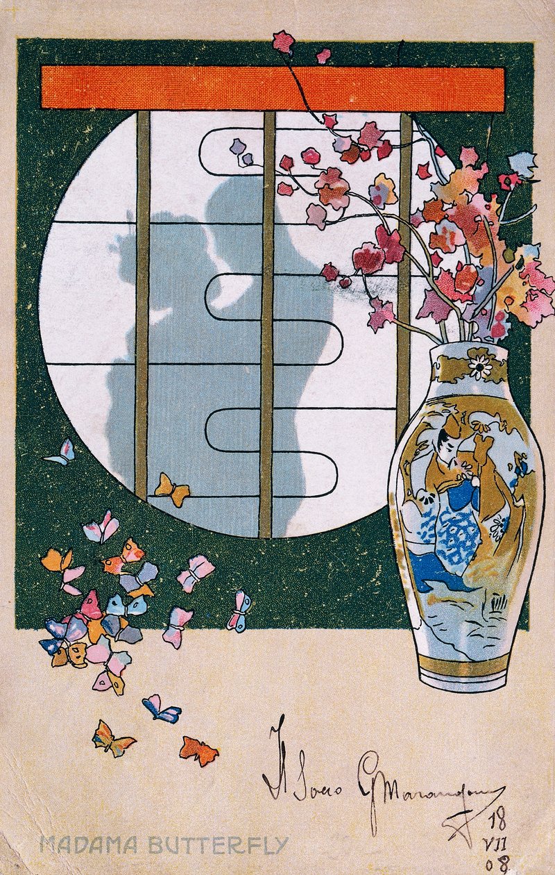 Postkort laget til premieren på "Madame Butterfly", i Brescia av Leopoldo Metlicovitz