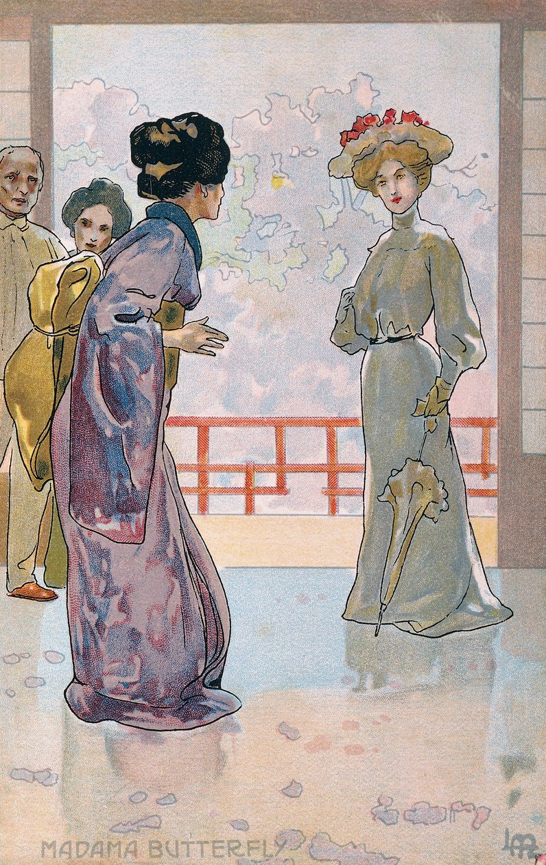 Postkort laget til premieren på "Madame Butterfly", i Brescia av Leopoldo Metlicovitz