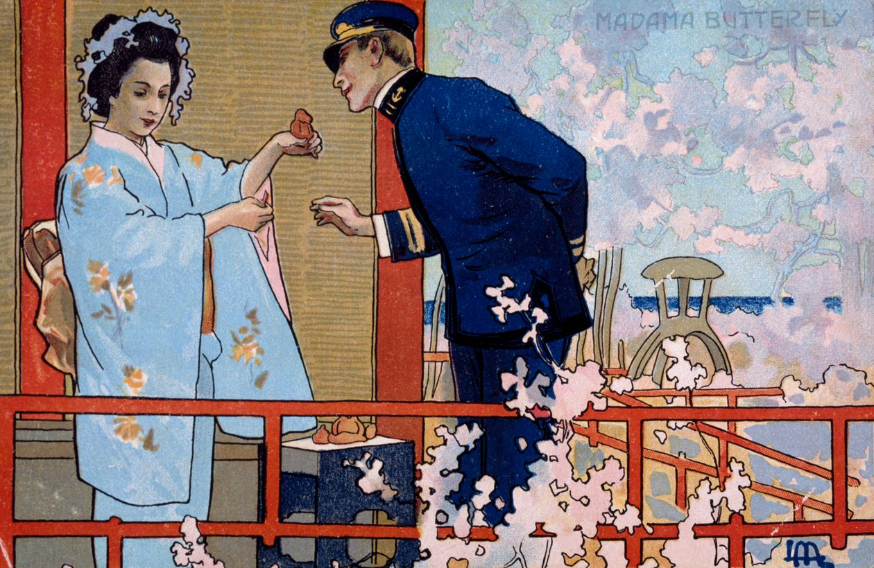 Postkort laget til premieren på "Madame Butterfly", i Brescia av Leopoldo Metlicovitz
