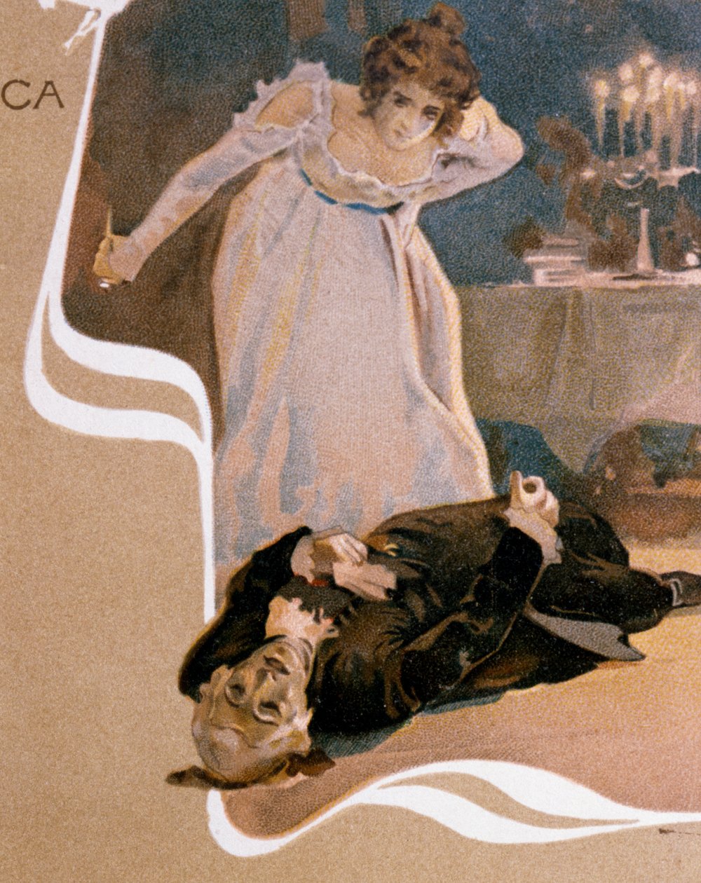 Postkort illustrert av Leopoldo Metlicovitz (1868-1944) som viser scener fra Tosca, opera av Giacomo Puccini (1858-1924) av Leopoldo Metlicovitz
