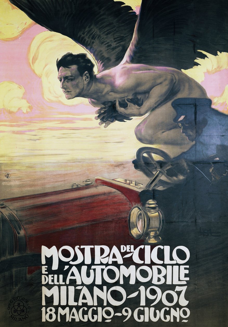 Plakat for Bil- og sykkelmesse, Milano 18. mai-9. juni av Leopoldo Metlicovitz
