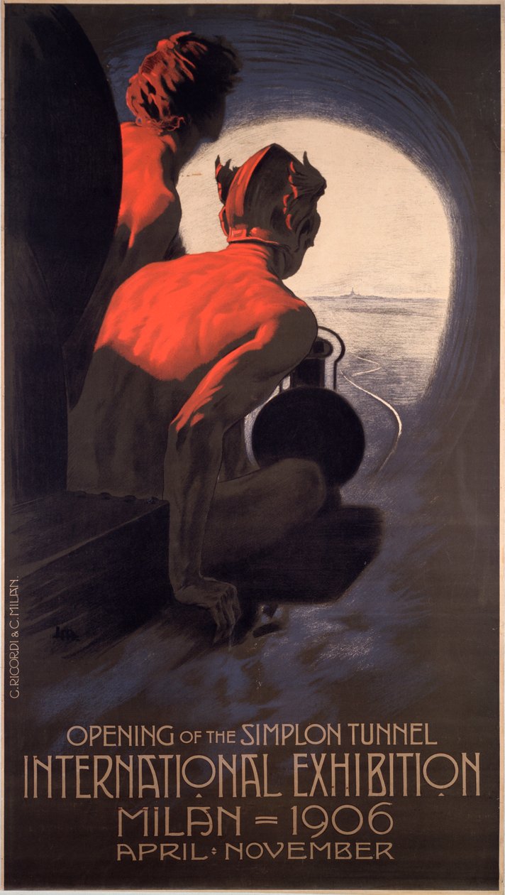 Plakat utgitt for The Milan International, en verdensmesse som markerer åpningen av Simplon-tunnelen av Leopoldo Metlicovitz