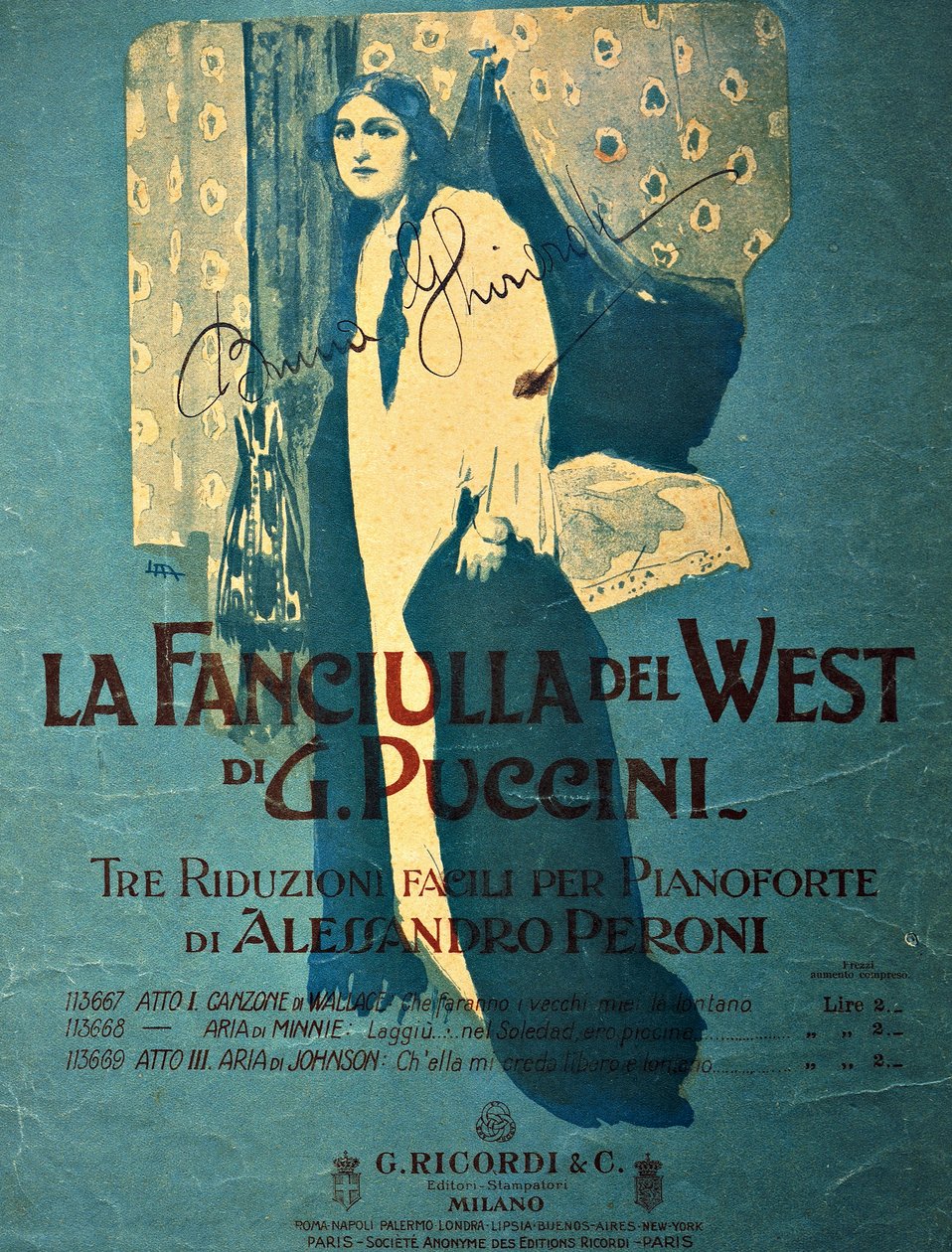 Tittelside av Leopoldo Metlicovitz (1868-1944) av en pianoreduksjon av Alessandro Peroni for operaen La fanciulla del West (The Girl of the Golden West), av Giacomo Puccini (1858-1924) av Leopoldo Metlicovitz