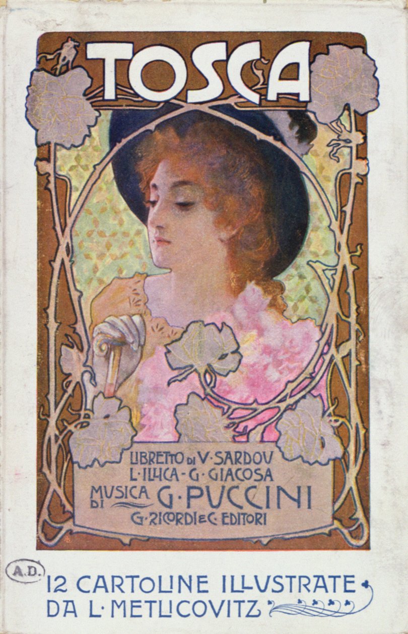 Tittelside på partiturarket for operaen Tosca av Puccini, ca. 1910 (farge litho) av Leopoldo Metlicovitz