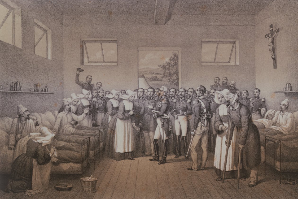 Aimable Jean Jacques Pelissier (1794-1864) hertugen av Malakoff på besøk til de sårede soldatene etter erobringen av Sebastopol i 1855 av Lepan