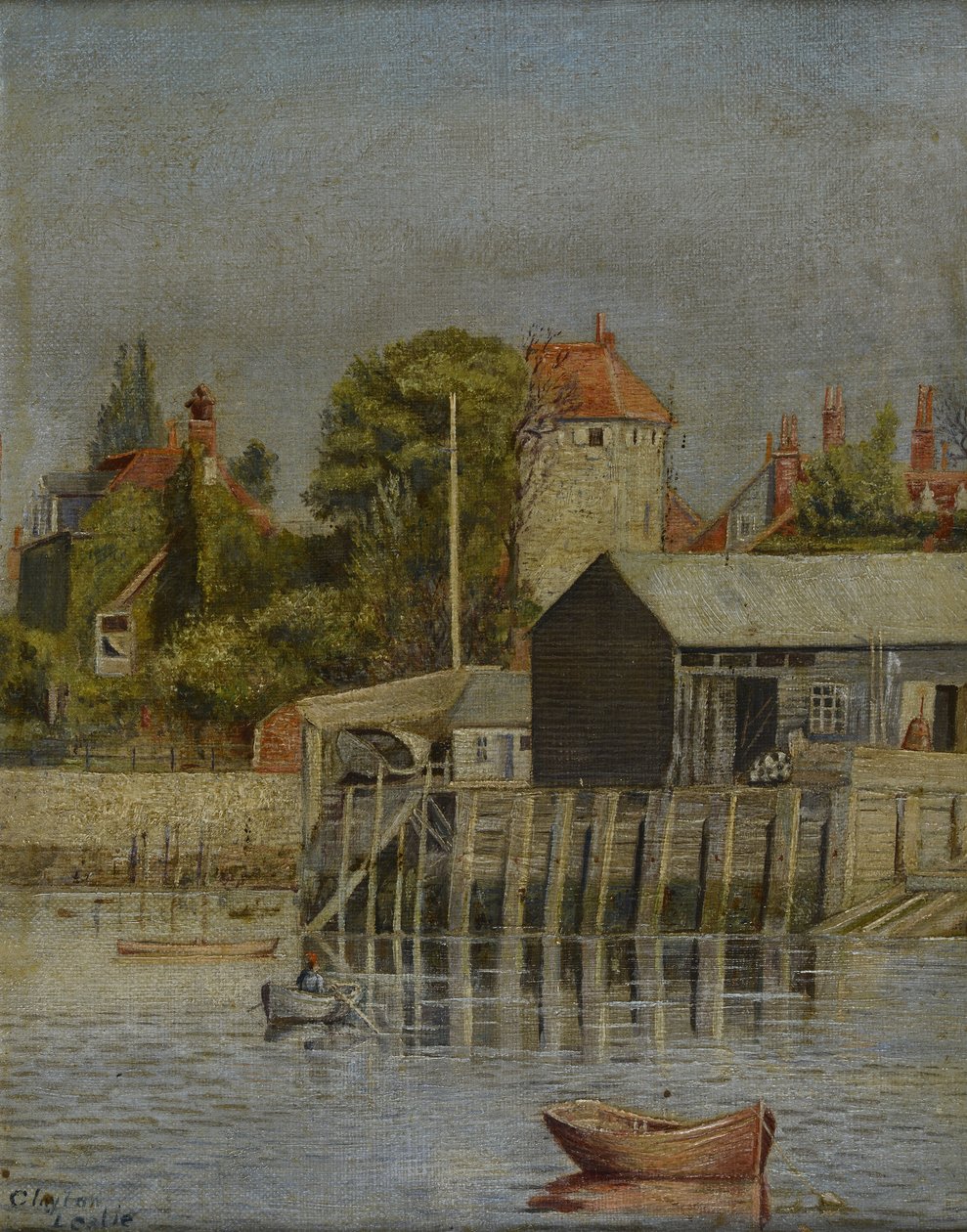 En kanalside med båtgård, 1884 av Leslie Clayton