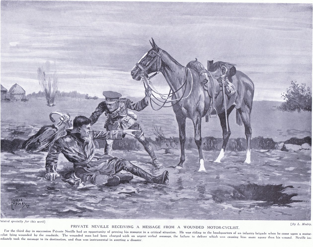 Menig Neville mottar en melding fra en såret motorsyklist Ypres oktober 1914 av Leslie Mosley