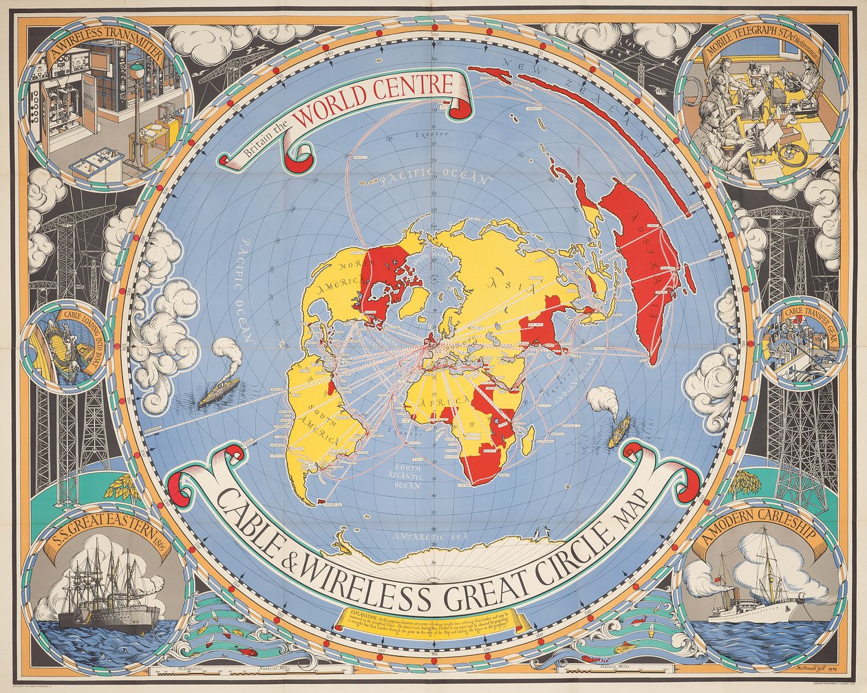 Kabel og trådløs Great Circle Map av Leslie MacDonald Gill