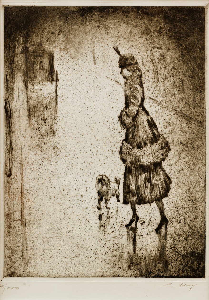 Dame med en puddel på en våt gate (drosje til venstre) av Lesser Ury