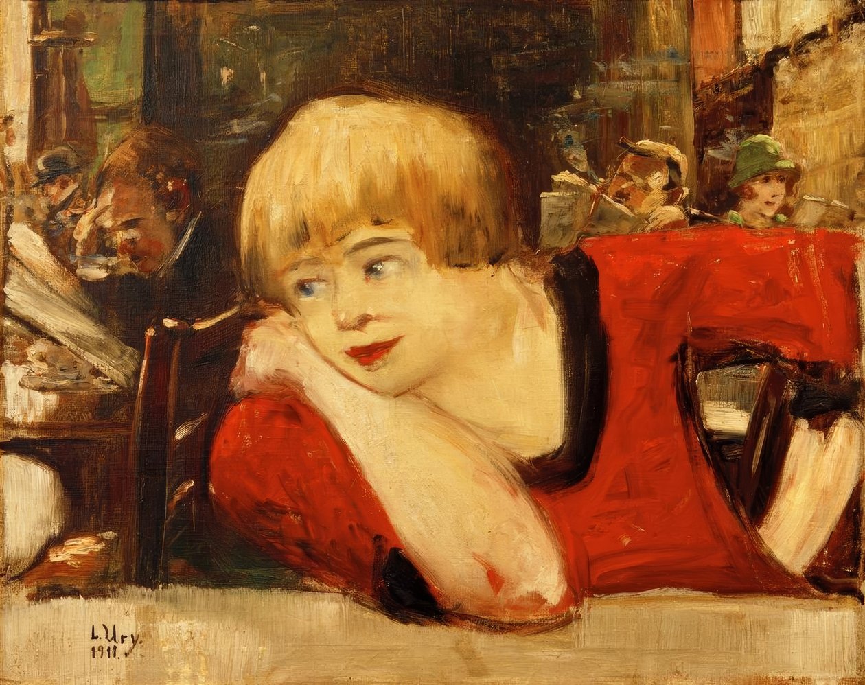 I kafeen. kvinne i rødt av Lesser Ury