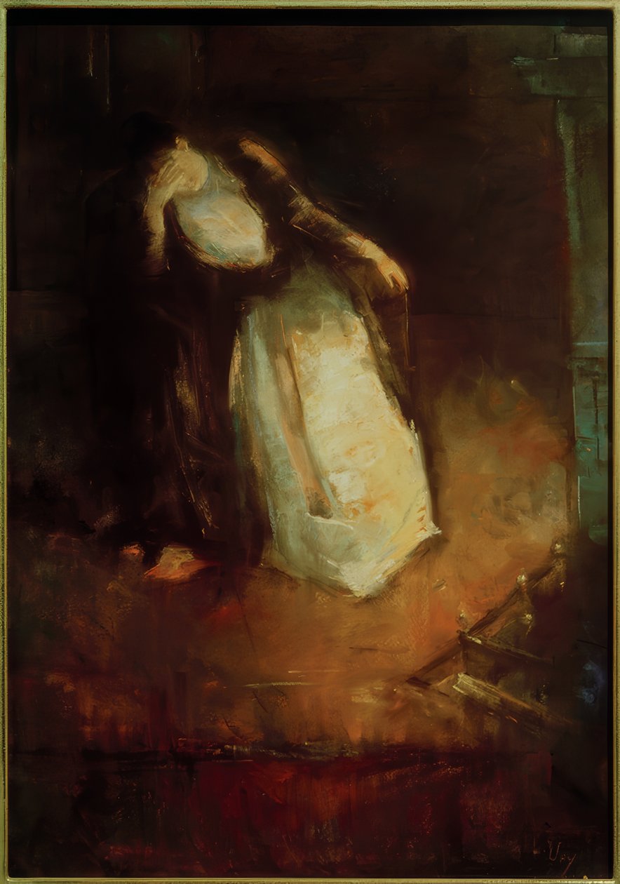 Kvinne ved peisen (dreverie ved peisen) av Lesser Ury