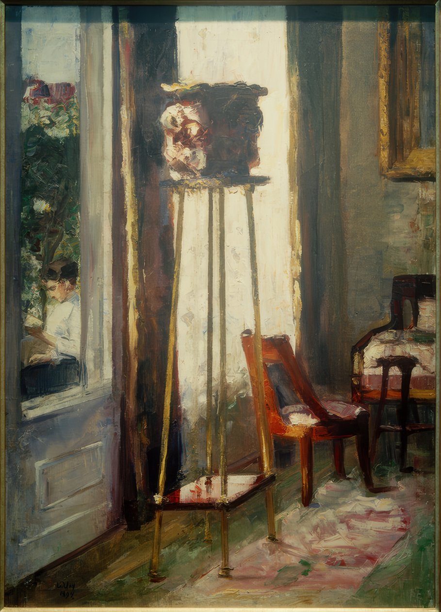Interiør (interiørscene og lesende kvinne) av Lesser Ury