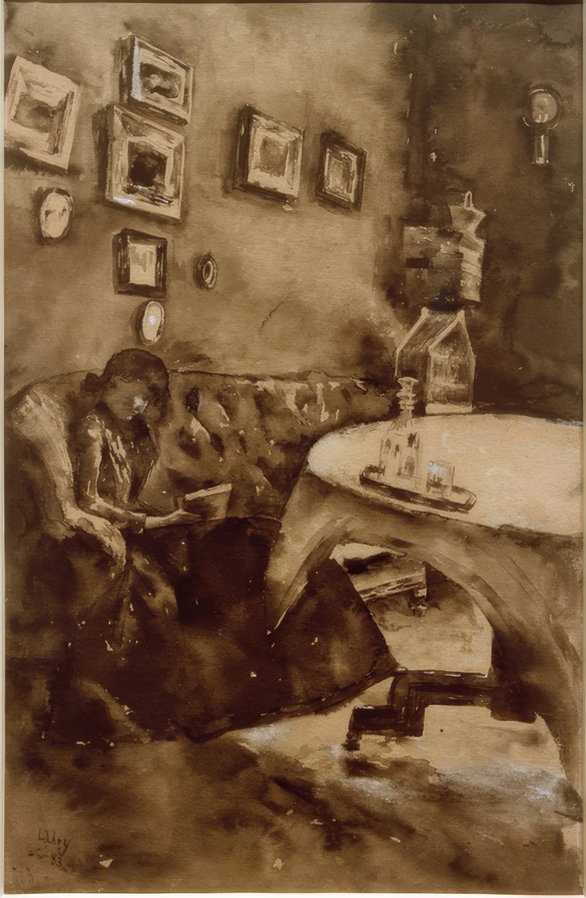 Interiør med en dame som leser av Lesser Ury