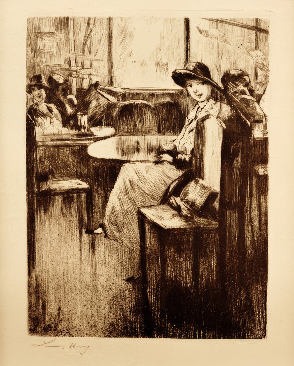 Ung jente på kafé med gateutsikt av Lesser Ury