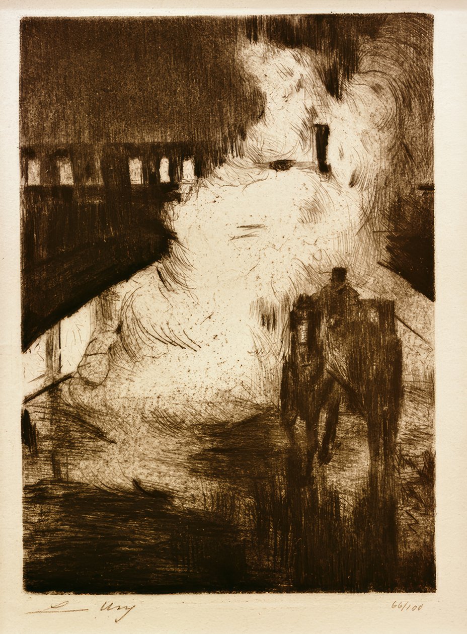 L.Ury, nattlige inntrykk (med førerhus foran damplokomotiv) av Lesser Ury