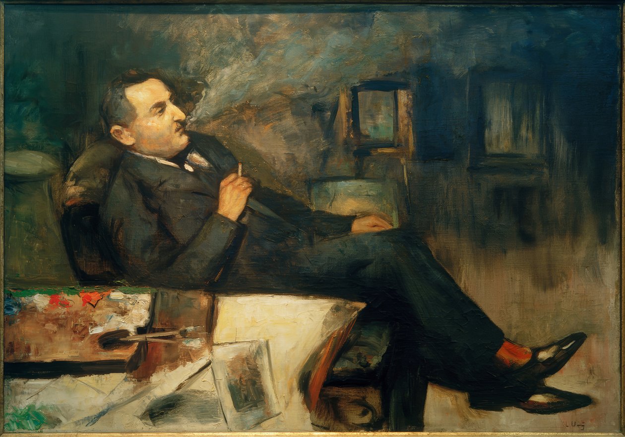 Lesser Ury røyker i studio (selvportrett) av Lesser Ury