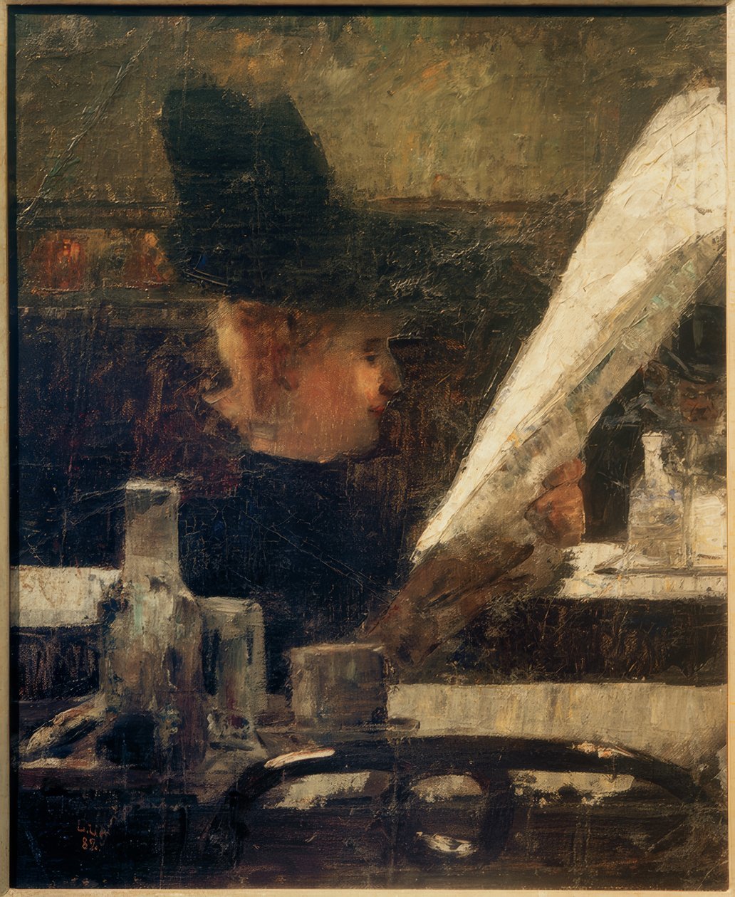 Avisleser i kafeen (dame i kafeen) av Lesser Ury