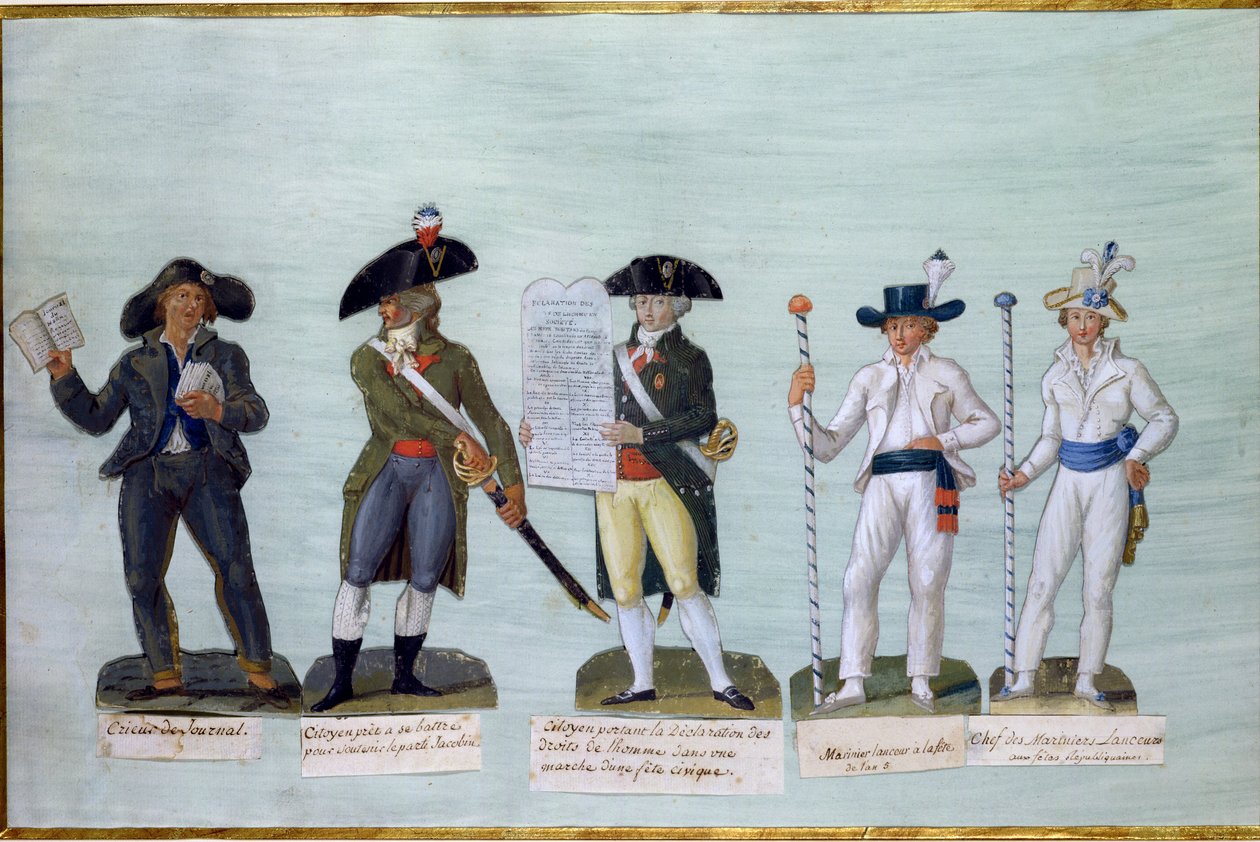 En avisselger, en borger som er klar til å kjempe, en borger som bærer erklæringen om menneskets rettigheter og to prammere (gouache på kort) av Lesueur Brothers