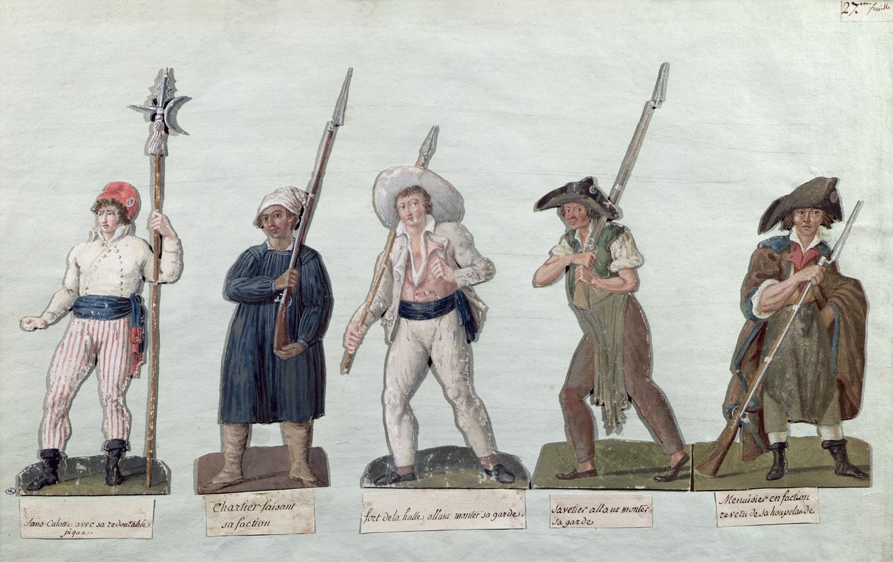 En Sans Culotte med sin gjedde, en Carter, en Market Porter, en Cobbler og en Carpenter (gouache på kort) av Lesueur Brothers