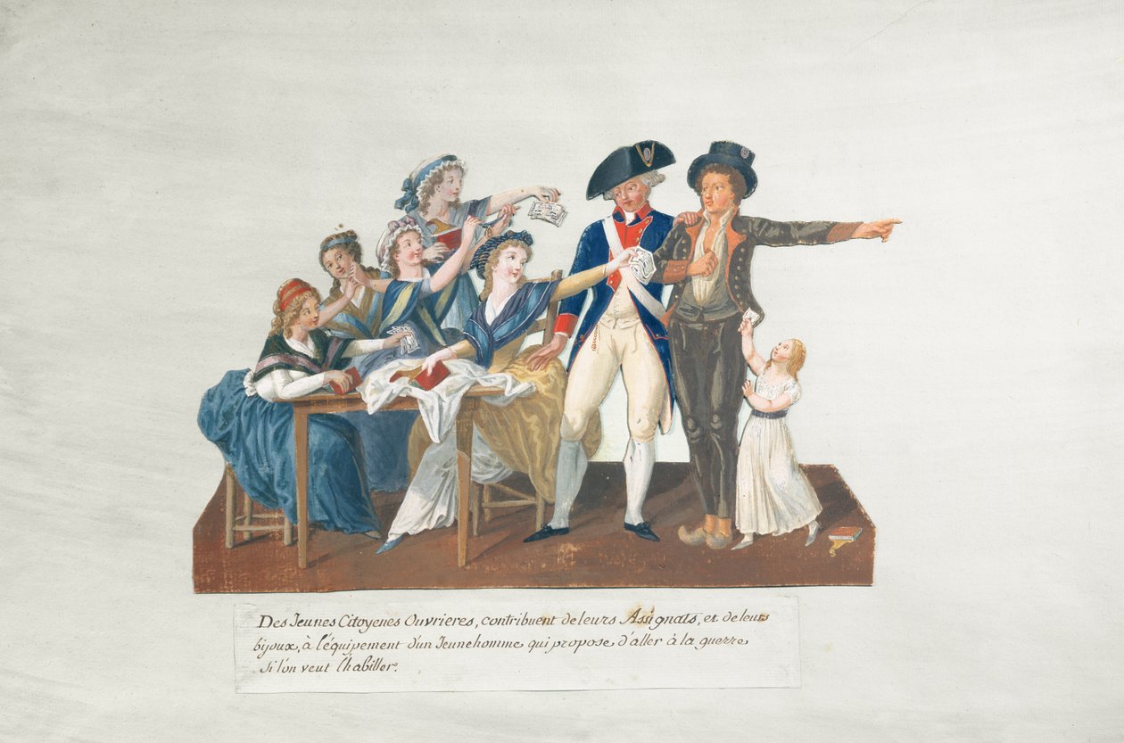 Innbyggere som bidrar med sine oppdrag for å utruste en ung mann for krig (gouache på kort) av Lesueur Brothers