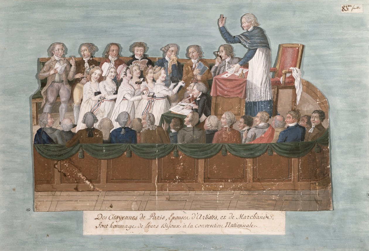 Parisere som tilbyr sine smykker til konvensjonen, ca. 1792 (gouache på kort) av Lesueur Brothers