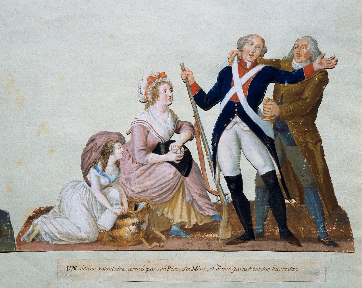 En frivillig som drar til hæren omgir sin far, mor og søster Gouache av brødrene Lesueur (1700-tallet) fra 1700-tallet. Paris. Carnavalet museum av Lesueur Brothers