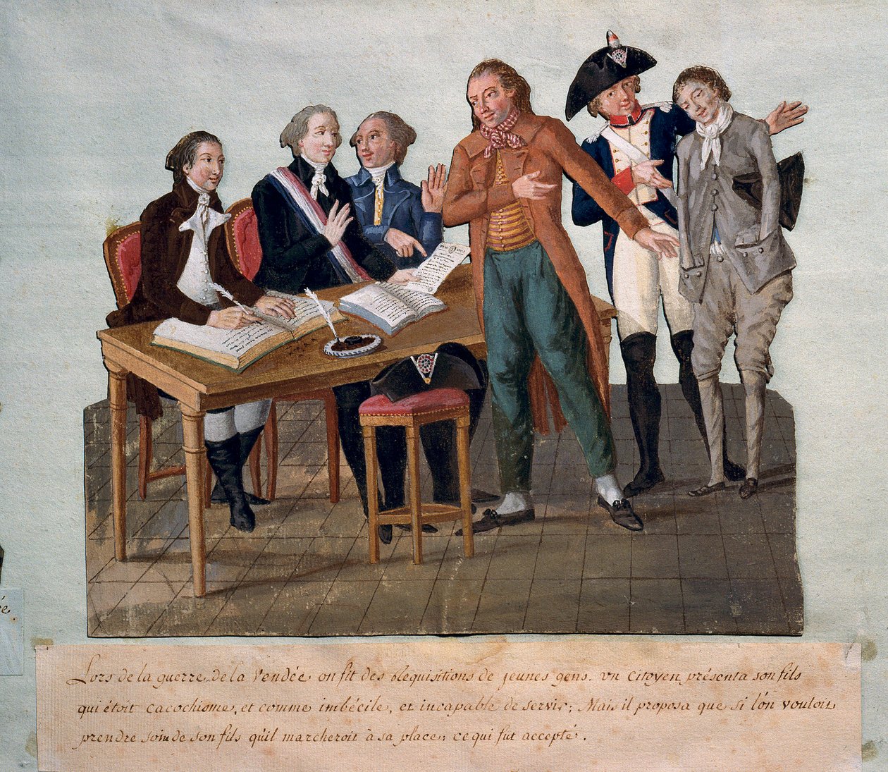 Krevende unge menn for Vendee-krigen (en far viser at sønnen ikke er i stand til å tjene og tar hans plass). Gravering av brødrene Lesueur (1700-tallet). Paris, Musee Carnavalet av Lesueur Brothers