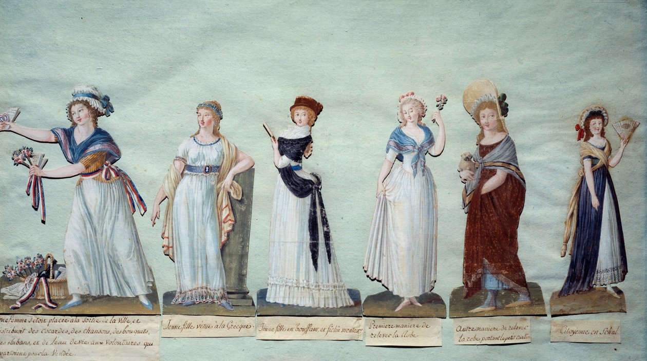 Ulike unge kvinner som representerer feminin mote under revolusjonen. Gouache des freres Lesueur (1700-tallet) Paris, Musee Carnavalet av Lesueur Brothers