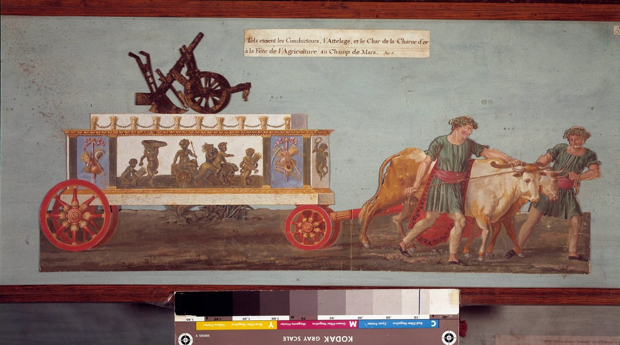 Fete de l'agriculture, vogn av Revolutionary Fete gullplog som begynte i 1799 på Champs de Mars. Gouache des freres Lesueur (1700-tallet), Paris Musee Carnavalet av Lesueur Brothers