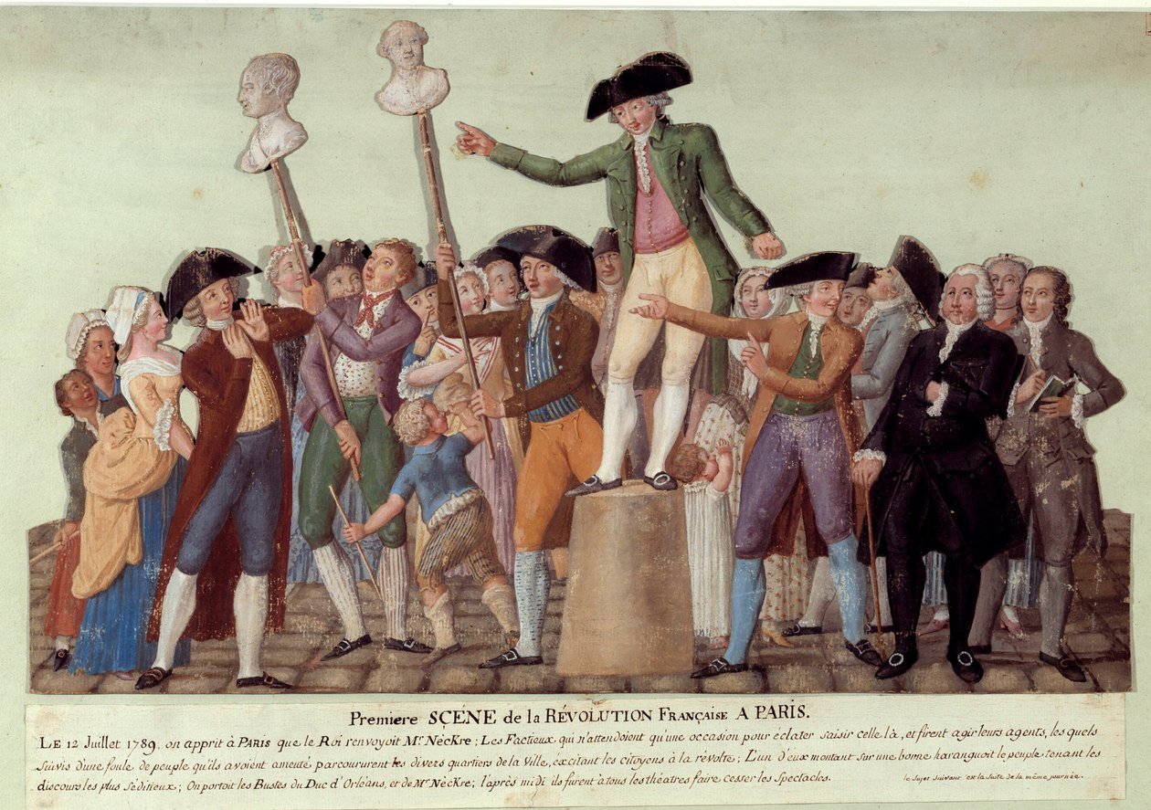 Første scene av den franske revolusjonen i Paris: 12.07.1789, etter kongens avskjedigelse av Jacques Necker, plagede Camille Desmoulins mengden ved Palais Royal og ba om et opprør mot regjeringen. Bystene av Jacques Necker og Louis Phil av Lesueur Brothers