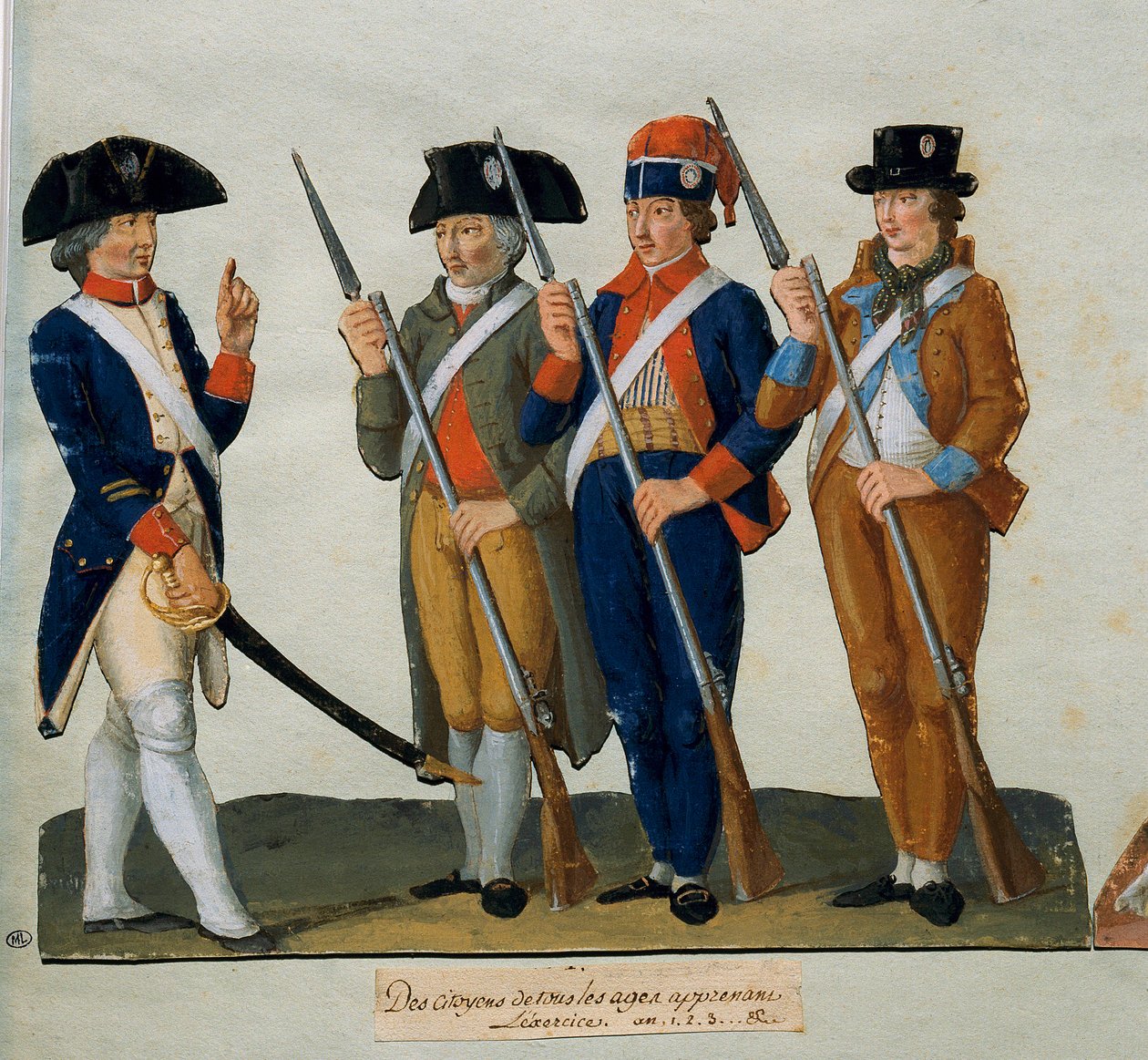Fransk revolusjon: «Borgere som trener» Gouache av Lesueur-brødrene (1700-tallet) Paris. Karnevalsmuseet av Lesueur Brothers