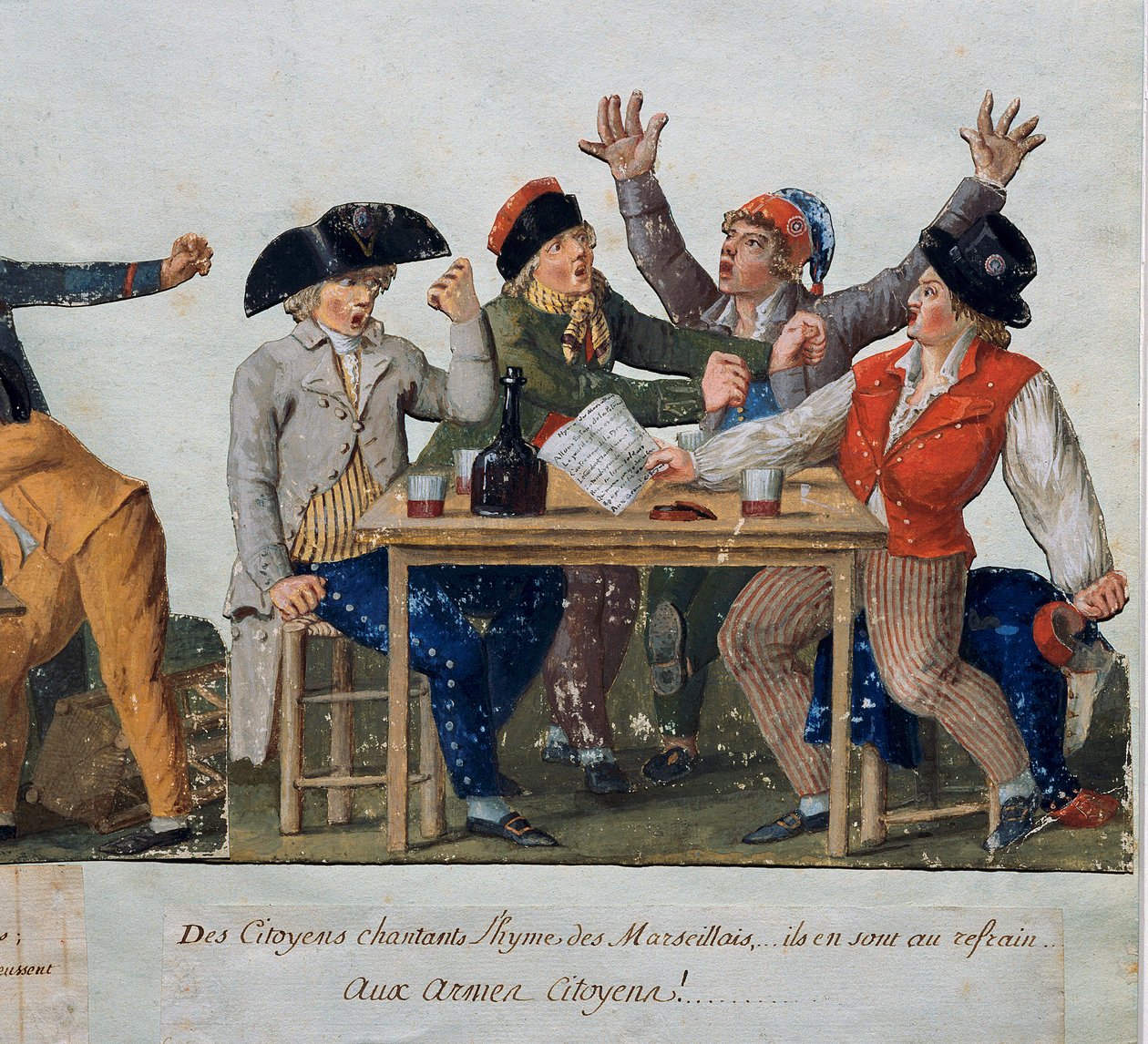 Fransk revolusjon: "" Innbyggere som synger hymnen til Marseille: med armer Borgere ..."" Den ikke-truse som kan brukes på et vertshus synger Marseillaise. Gravering av brødrene Lesueur (1700-tallet). Musée Carnavalet, Paris av Lesueur Brothers