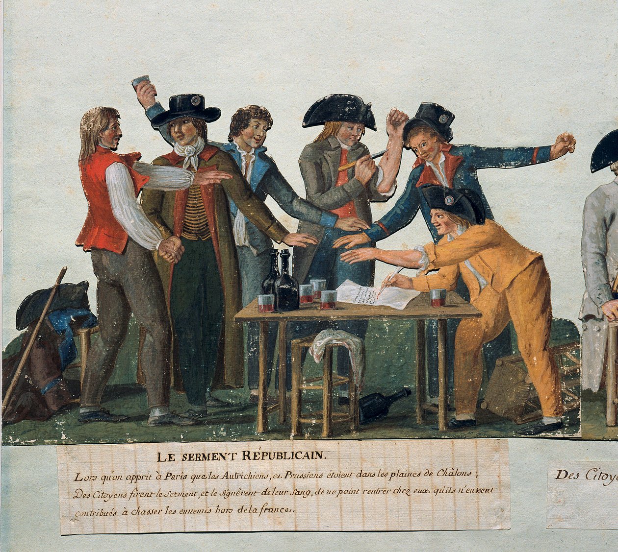 Fransk revolusjon: "" Den republikanske eden: innbyggerne avlegger en ed av sitt blod om ikke å vende hjem før de har drevet østerrikerne og prøysserne ut av Frankrike." Gouache des freres Lesueur (1700-tallet). 18. århundre. Paris. Carnavalet museum av Lesueur Brothers