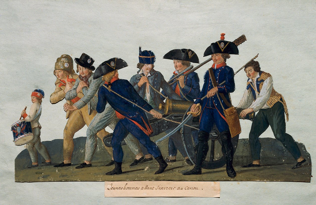 Fransk revolusjon: "" Unge menn skal øve med kanonen""" Gravering av brødrene Lesueur (1700-tallet). Paris, Musee Carnavalet av Lesueur Brothers