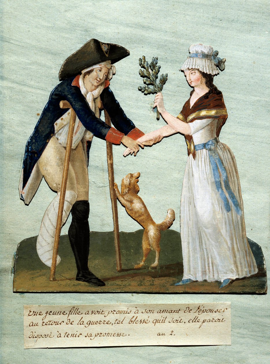 Fransk revolusjon: "" en ung jente finner sine lovede sår etter krigen og holder løftet om å gifte seg med henne"" Gouache des brothers Lesueur (1700-tallet). Paris Musee Carnavalet av Lesueur Brothers