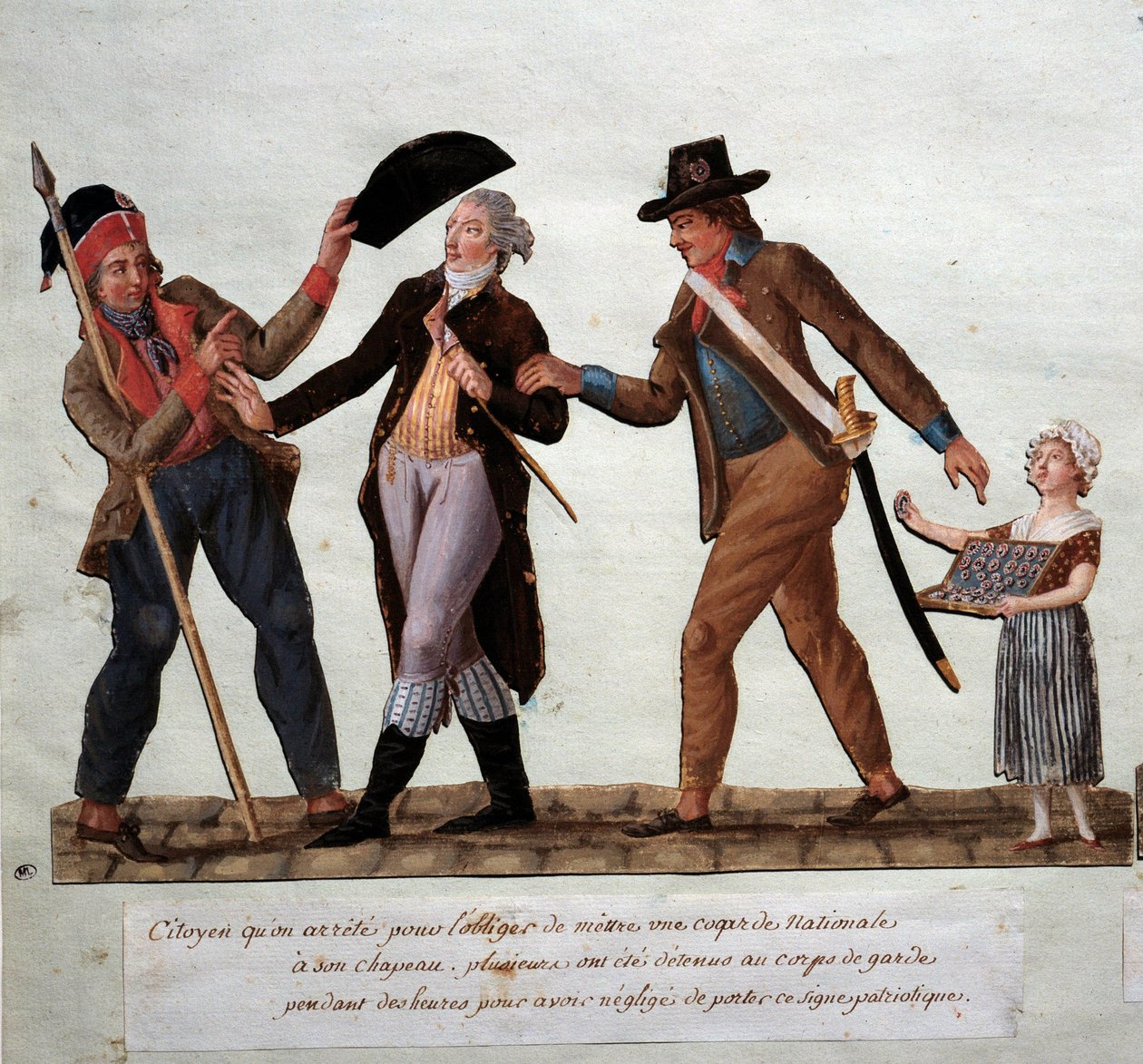 Fransk revolusjon: "" borger arrete for å tvinge ham til å sette en nasjonal cockard på hatten"" Gouache des freres Lesueur (1700-tallet) Musee Carnavalet, Paris av Lesueur Brothers