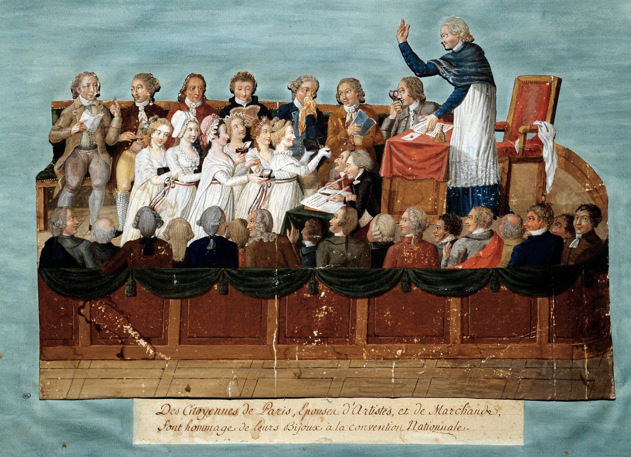 Fransk revolusjon: "" borgere i Paris tilbyr smykkene sine til nasjonalkonvensjonen"" Illustrasjon des Freres Lesueur (1700-tallet). 1792-1795. Paris, musee Carnavalet - Engelsk revolusjon - Innbyggerne i Paris donerer smykkene sine til Nati av Lesueur Brothers