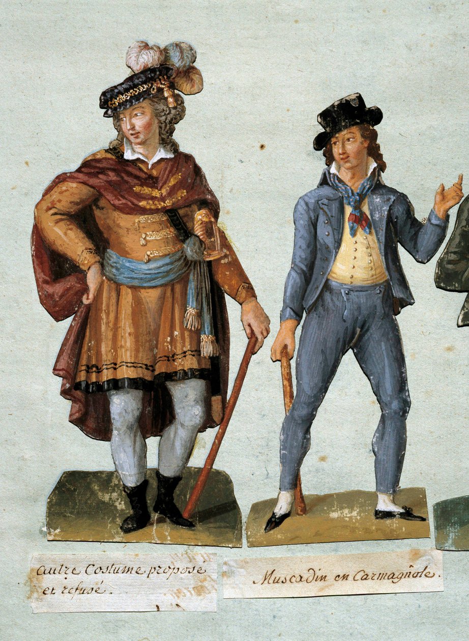 Den franske revolusjonen: kostymer av fantasifulle royalistiske dandies (muscadin) nekter. Gouache av Lesueur-brødrene (1700-tallet) Carnavalet Museum av Lesueur Brothers