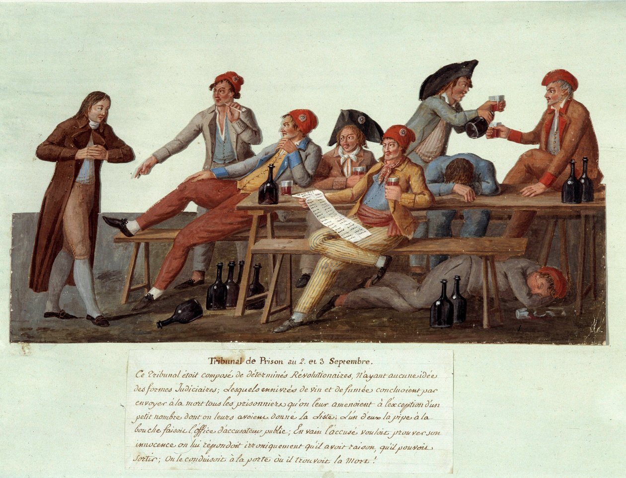 Fransk revolusjon av 1789: "" En fengselsdomstol 2. og 3. september"" Satirisk representasjon av en revolusjonær domstol, medlemmene har ingen jurisdiksjon i rettssaker og dømme saker ved å drikke vin og røyke. Gouache des freres Lesueu av Lesueur Brothers