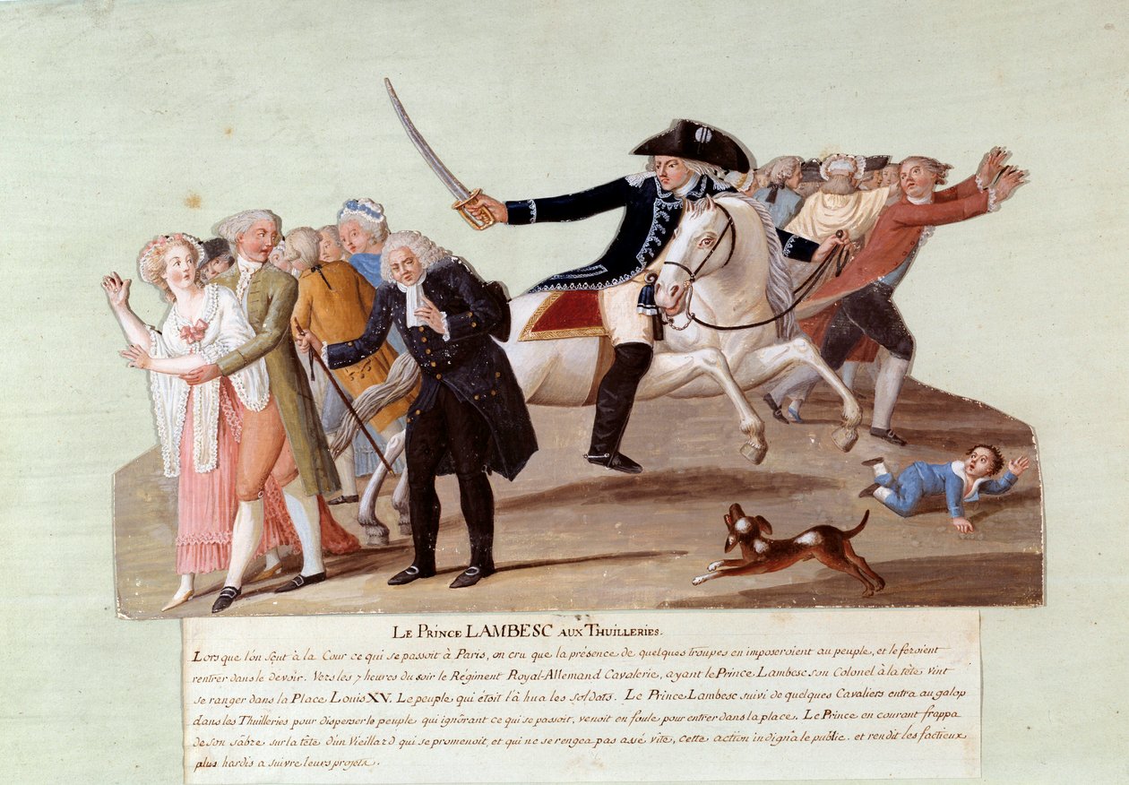 Den franske revolusjonen i 1789: Prins av Lambesc ved Tuileriene 12. juli forsøkte å undertrykke de første demonstrasjonene til de revolusjonære. Gouache des freres Lesueur (1700-tallet) av Lesueur Brothers