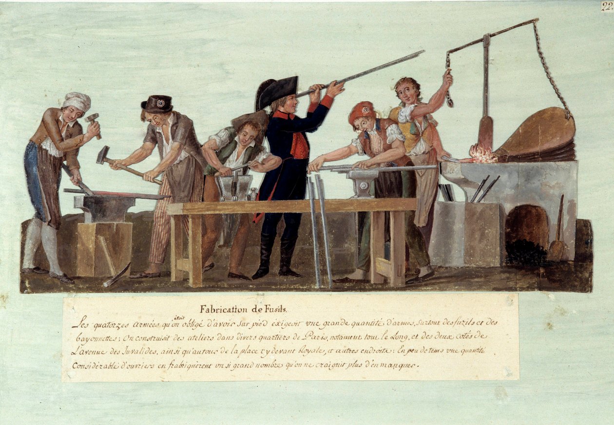 Den franske revolusjonen av 1789: "" produksjon av rifler"" De forskjellige stadiene av produksjon av våpen av smeder. Gouache des freres Lesueur av Lesueur Brothers