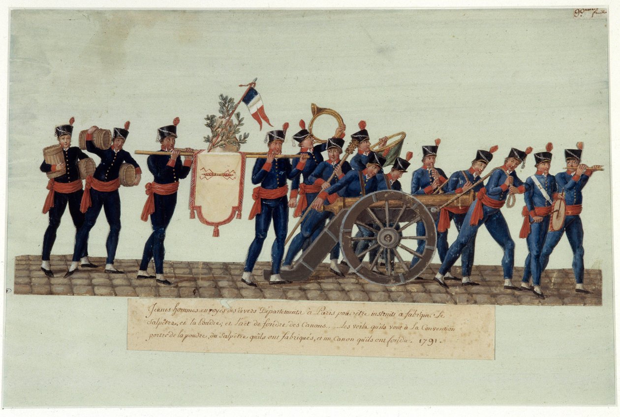 Den franske revolusjonen i 1789: "" av unge menn som bar til konvensjonen, pulver, salpeter de laget og en kanon de smeltet." Gouache des freres Lesueur (1700-tallet) av Lesueur Brothers